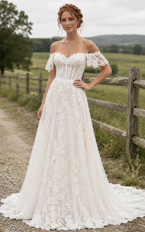 Country Tulle Wedding Dress A-Line Off Shoulder Puff Sleeve Chapel Train Lace-Up Corset Back Bridal Gown