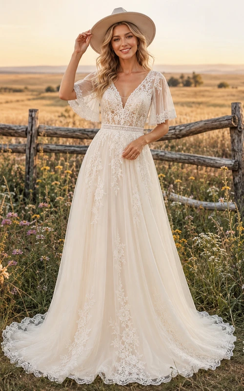 Brautkleid im Landhausstil aus Spitze und Tüll, A-Linie, V-Ausschnitt, flatternde Ärmel, Schleppe, tiefer V-Ausschnitt am Rücken