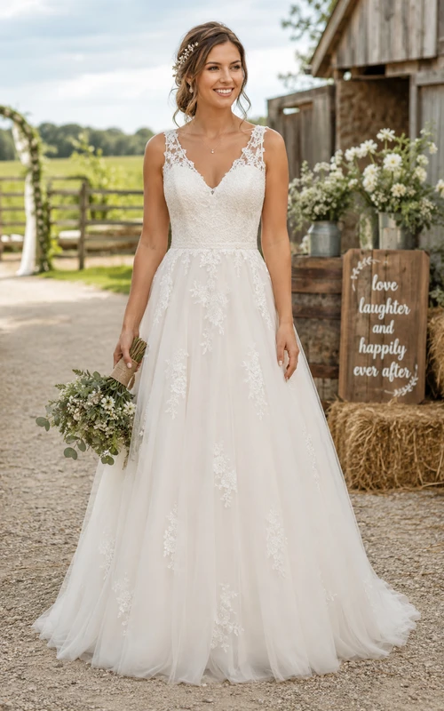 Vestido de novia de corte A con escote en V y tul, estilo campestre, con encaje.