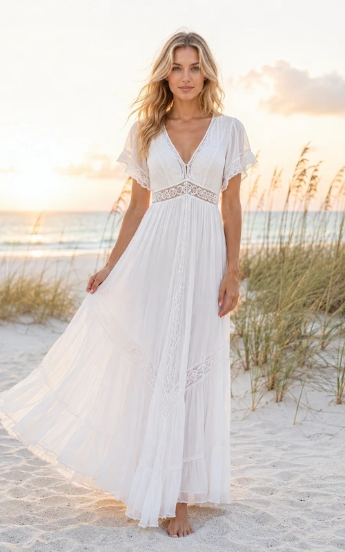 Boho-Strand-Maxikleid in A-Linie mit V-Ausschnitt, flatternden Ärmeln und Spitzenbesatz