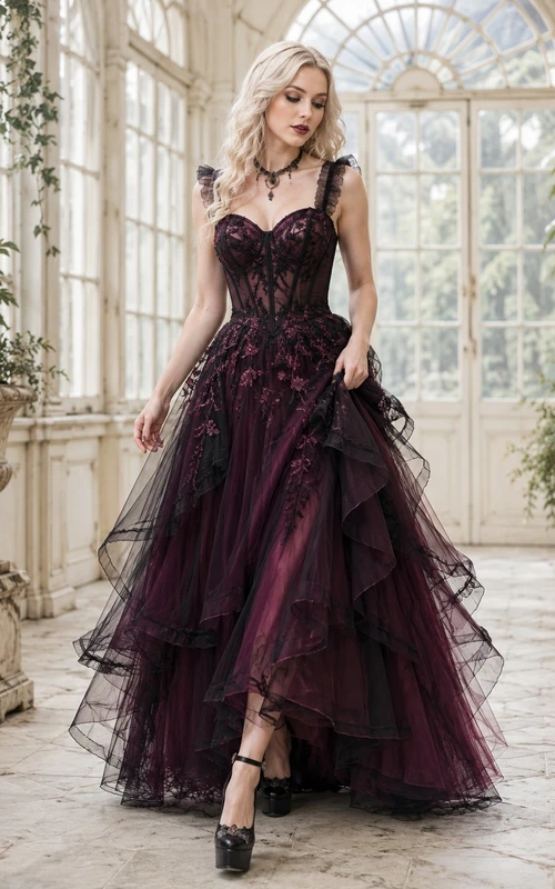 Plum Gothic Applique Tulle Corset A-Line Formal Evening Gown