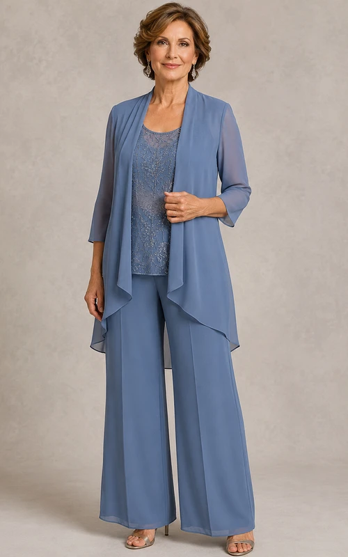 Combinaison-pantalon en mousseline de soie, longueur cheville, manches 3/4, avec veste.