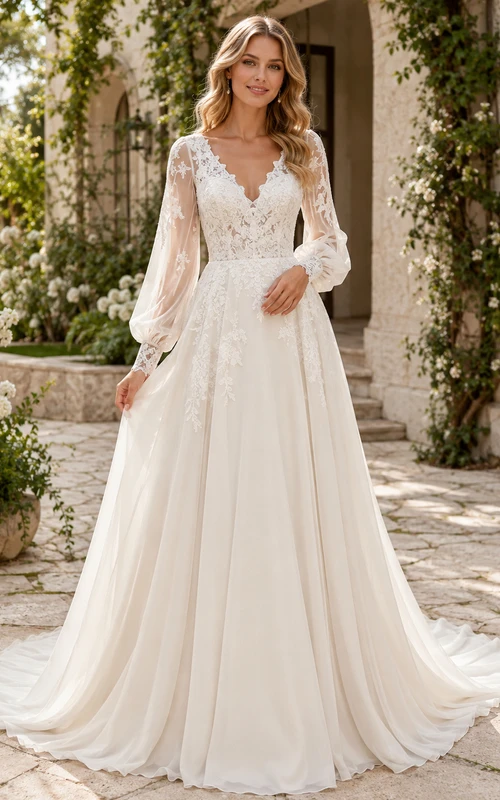 Robe de mariée en dentelle et tulle, coupe trapèze, col en V, manches longues, traîne courte