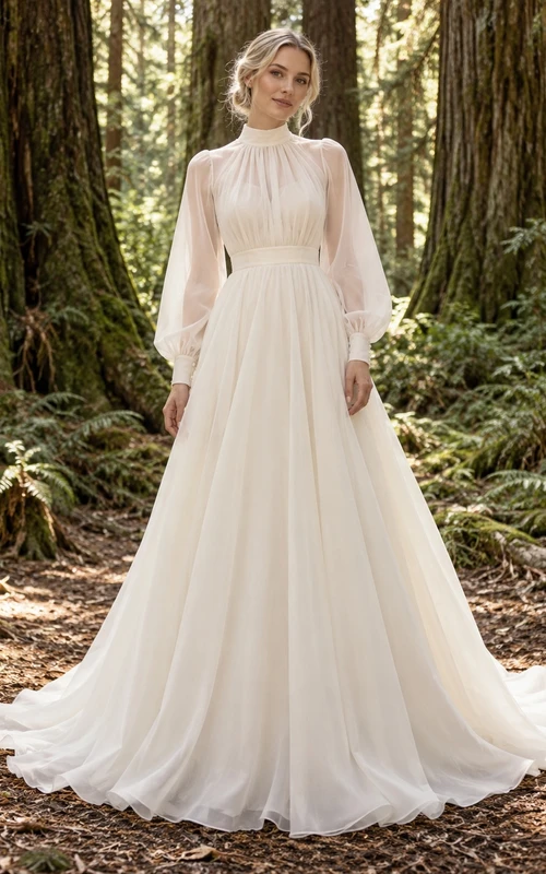 Hochgeschlossenes, langärmeliges Brautkleid mit Blusenoberteil aus Organza in A-Linie und Schleppe