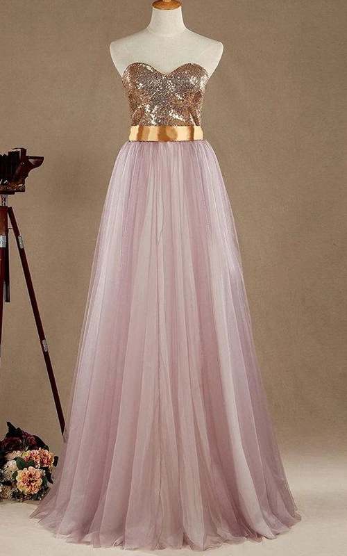 Maxi-Trägerkleid aus Tüll und Satin mit Pailletten und herzförmigem Dekolleté