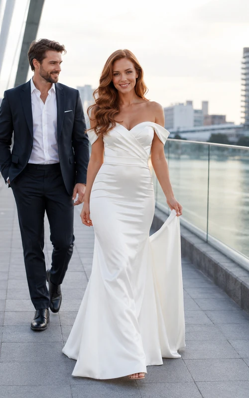 Robe de mariée blanche en satin froncée à épaules dénudées pour séance photo de couple