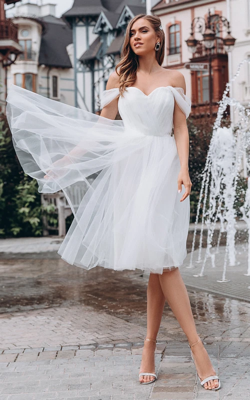 Knielanges, ärmelloses, romantisches Brautkleid aus Organza in A-Linie mit Falten