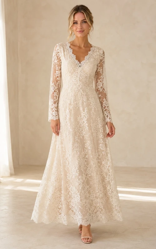 Ivory Lace V-neck Long Sleeve Floor-length A-Line Formal Dress