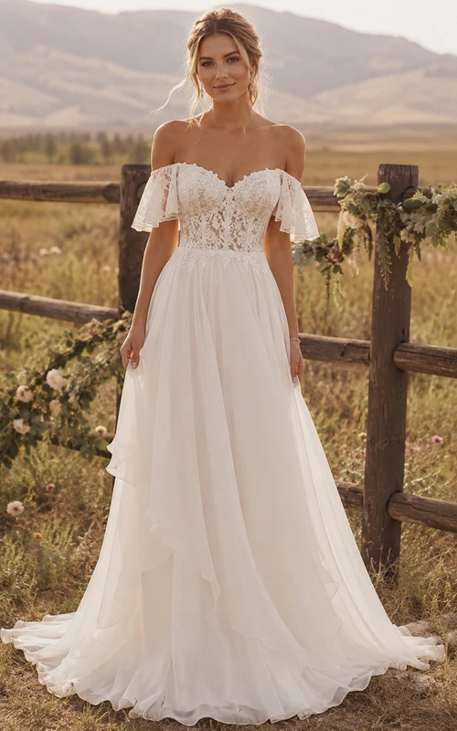 Robe de mariée champêtre trapèze à épaules dénudées, corsage en dentelle et manches bouffantes