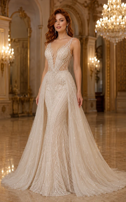 Vestido de novia de corte A con escote en V, encaje y cuentas, color champán, con cola de capilla.