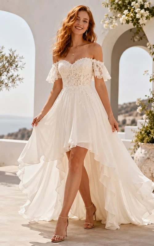 Vestido de novia romántico bohemio de gasa y encaje con escote asimétrico y hombros descubiertos para la playa.