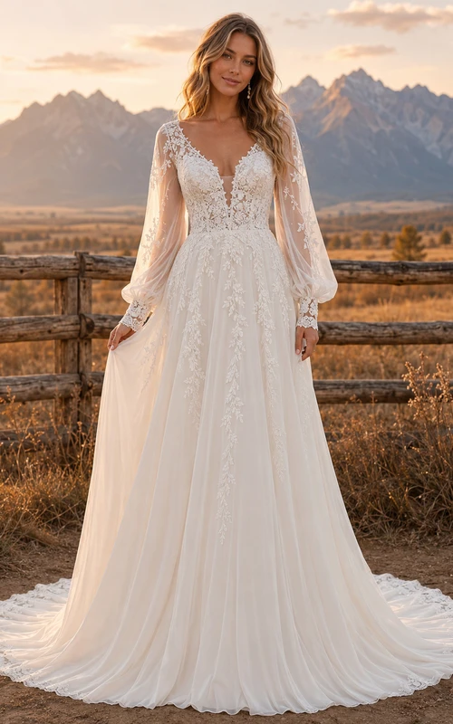 Robe de mariée champêtre en dentelle, coupe trapèze, col en V, manches longues, traîne chapelle