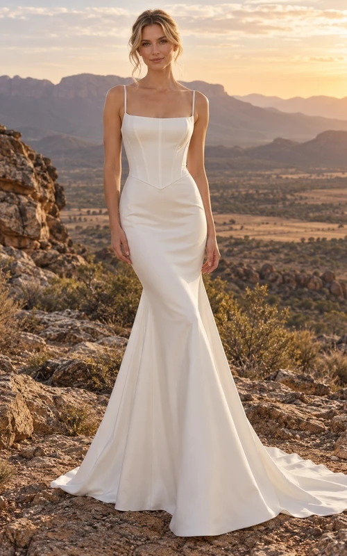 Einfaches Brautkleid aus Satin mit eckigem Ausschnitt, Spaghettiträgern und Meerjungfrauen-Schleppe