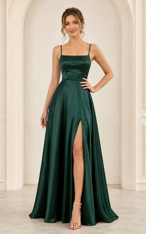 Dunkelgrünes Satin-Abendkleid mit eckigem Ausschnitt, Spaghettiträgern, bodenlang, A-Linie und Schlitz