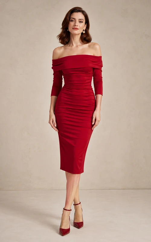 Red Refined Chiffon Sheath V-neck Knee Length Cocktail Dress
