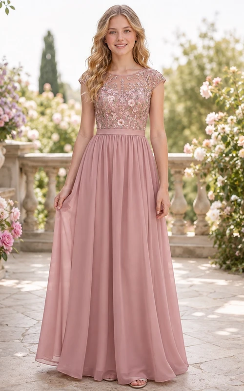 Brautjungfernkleid in Altrosa, A-Linie, kurze Ärmel mit Strasssteinen, Chiffon-Oberteil mit Stickerei, romantisch