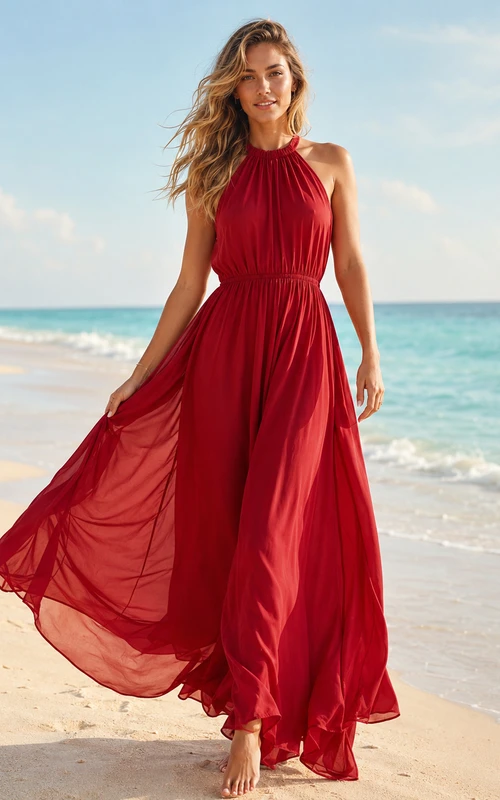 Robe longue rouge dos nu en mousseline fluide pour photos de plage