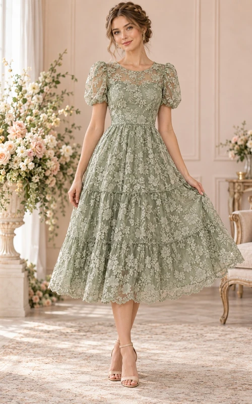 Tea-length Sage Puff Sleeve Tiered Floral Lace Wedding Guest Dress