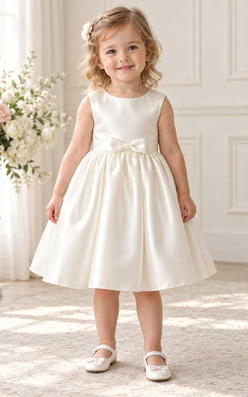 Einfaches, knielanges, elfenbeinfarbenes, ärmelloses A-Linien-Sommerkleid aus Satin mit Schleife in der Taille für Blumenmädchen