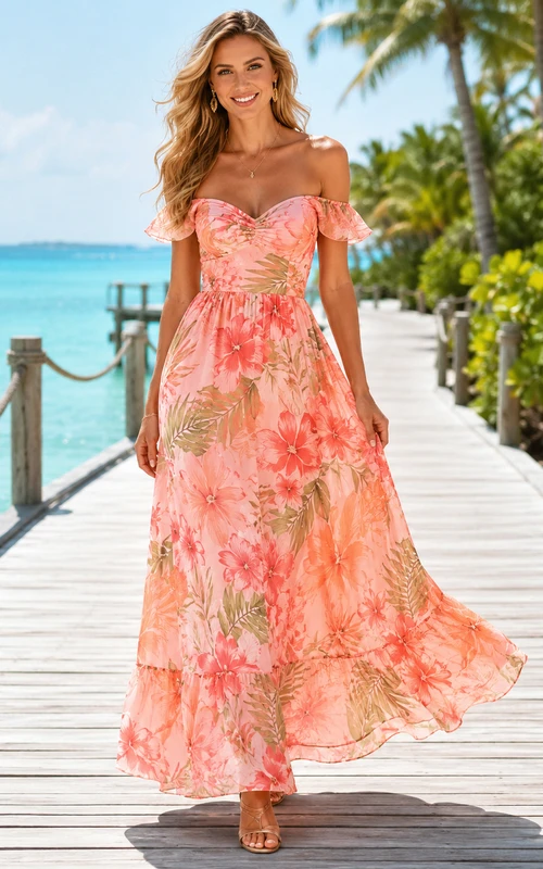 Coral Island Floral Off Shoulder Ruffle Chiffon Maxi Dress