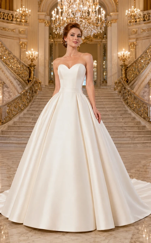 Strapless Sweetheart Satin Princess Ball Gown Chapel Train Wedding Dress