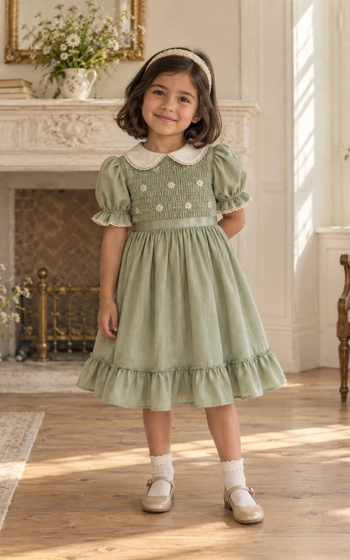 Vestido de niña de flores vintage color verde salvia, corte en A, mangas abullonadas, corpiño floral, bajo con volantes y cuello Peter Pan, hasta la rodilla.