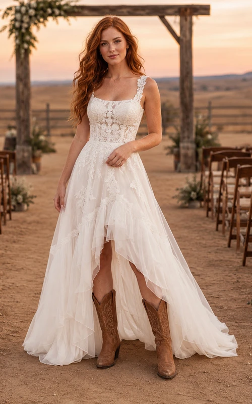 Western Rustic Straps Lace Tulle A-Line Wedding Dress