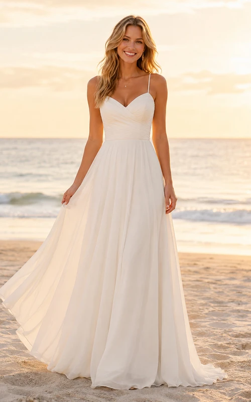 Beach Chiffon Wedding Dress A-Line Spaghetti Strap Floor Length Open Back Bridal Gown
