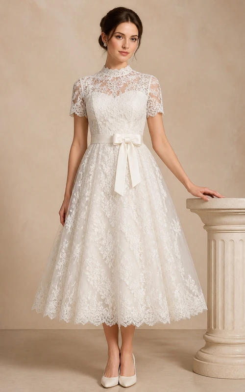 Vestido de novia vintage de largo midi con mangas cortas y lazo de encaje
