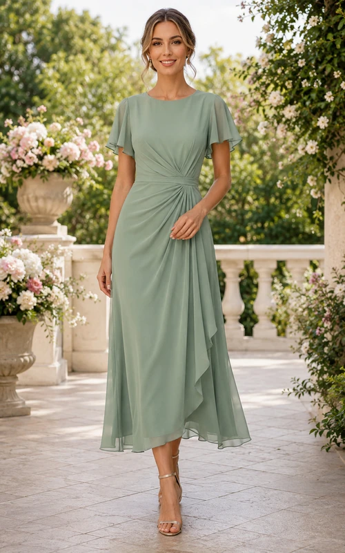 Salbeigrünes Chiffonkleid mit kurzen Ärmeln und Teelänge in A-Linie