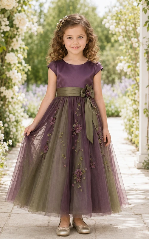 Flower Girl Dress A-Line Plum Olive Tulle Floral Sash Short Sleeve Wedding