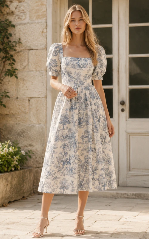 Vestido midi azul con mangas abullonadas y escote cuadrado