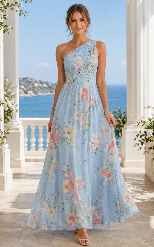Blue Floral One Shoulder Chiffon Guest Maxi Dress