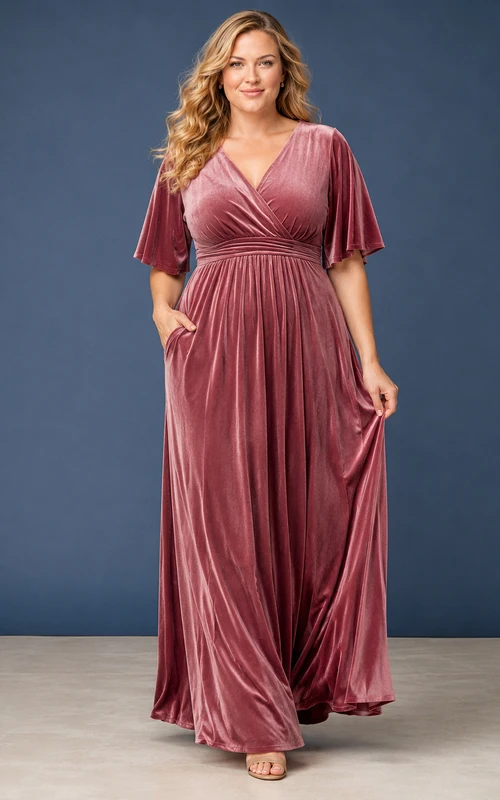 Mauvefarbenes Samt-Maxikleid mit V-Ausschnitt, Empire-Taille und Übergröße