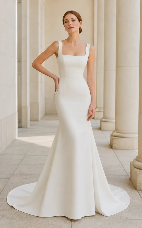 Robe de mariée civile sirène en satin, col carré, traîne courte, dos nu en V et fermeture éclair.