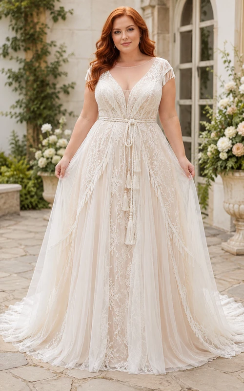 Plus Size Ivory V-Neck Lace A-Line Wedding Dress with Sash Tie Detail