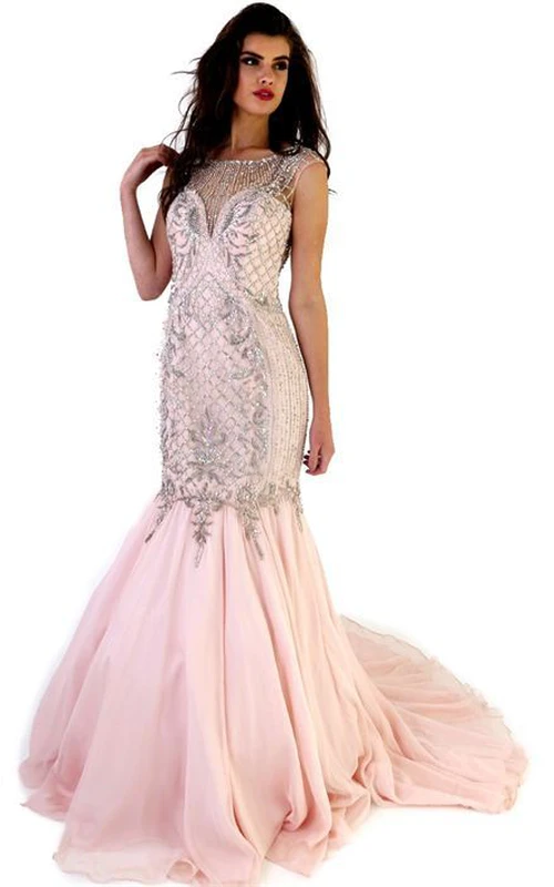 Robe de bal sirène maxi en mousseline à manches courtes et col rond, ornée de perles