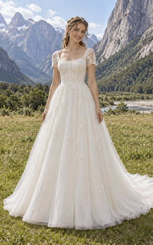 Vestido de novia romántico de corte A con escote redondo en tul, mangas cortas de encaje y apliques florales.