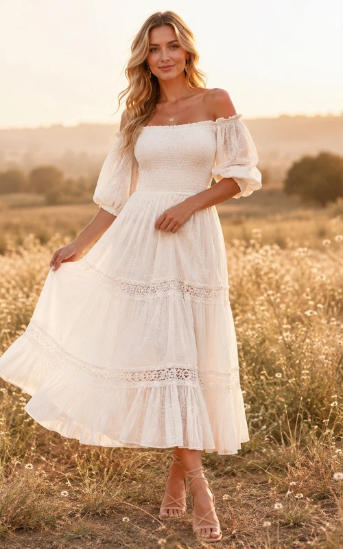 Vestido blanco de encaje con hombros descubiertos, mangas abullonadas fruncidas y volantes, estilo bohemio, ideal para un jardín de té.