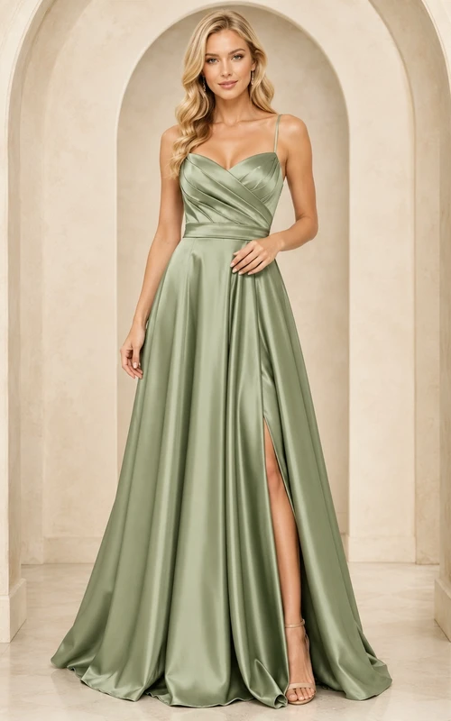 Sage Green Cowl Neck Split Satin A-Line Floor-Length Elegant Formal Gown