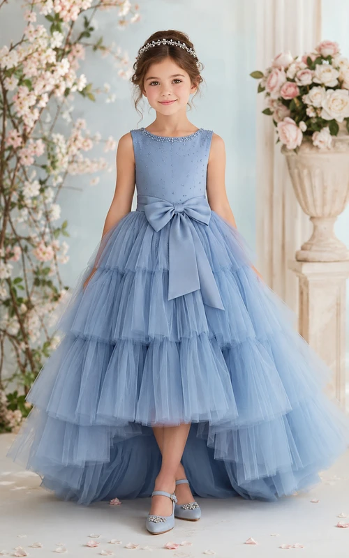 A-line High-low Sleeveless Tulle Flower Girl Dress with Blue high-low tiered tulle with front bow