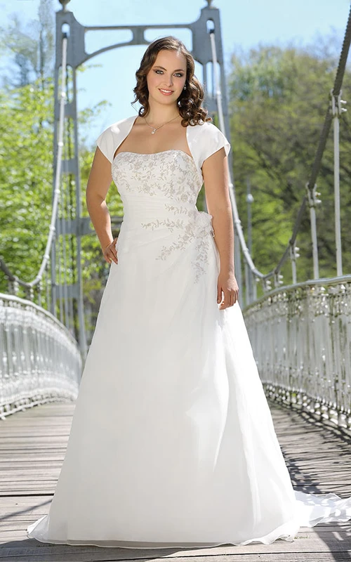 A-Linien-Kleid, bodenlang, trägerlos, mit Satin-Drapierung, Blumenmuster und Schleppe