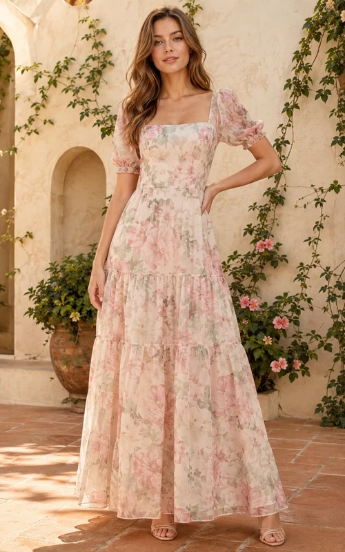 Zartrosa Chiffonkleid mit Blumenmuster, kurzen Puffärmeln, eckigem Ausschnitt und bodenlang