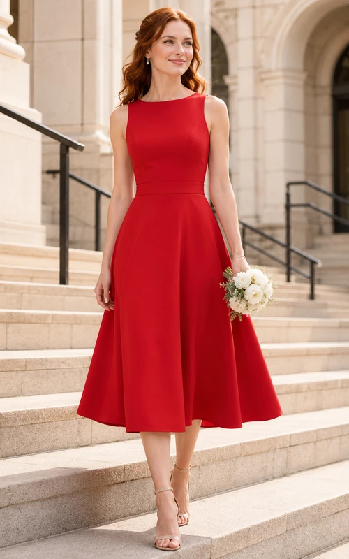 Rotes ärmelloses Midi-Hochzeitskleid im Courthouse-Stil mit U-Boot-Ausschnitt und A-Linie