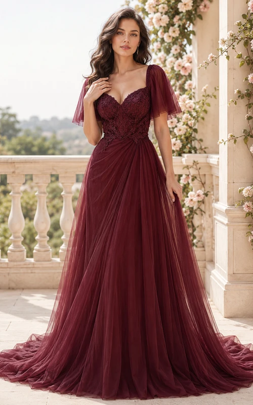 Robe de soirée romantique bordeaux en tulle, coupe trapèze, épaules dénudées