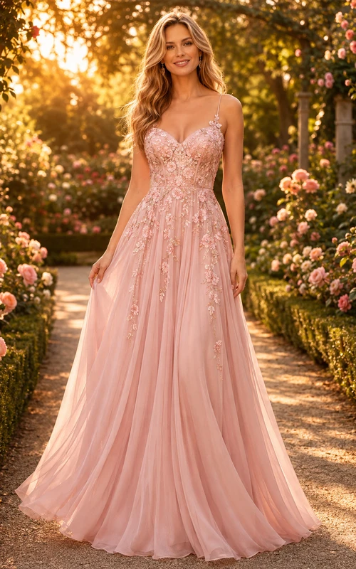 Ballkleid aus rosafarbener Spitze und Tüll, A-Linie, Spaghettiträger, Applikationen, bodenlang
