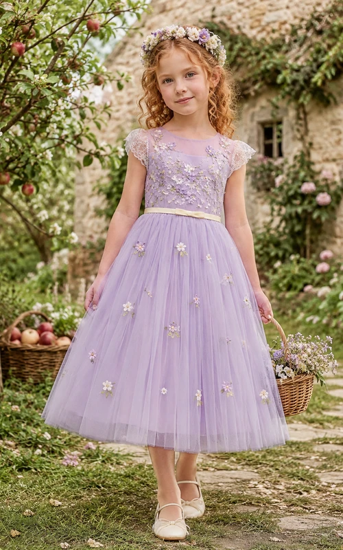 A-Line Flowergirl Lavender Tulle Floor-Length Floral Applique Cap Sleeve Cottagecore Wedding Dress