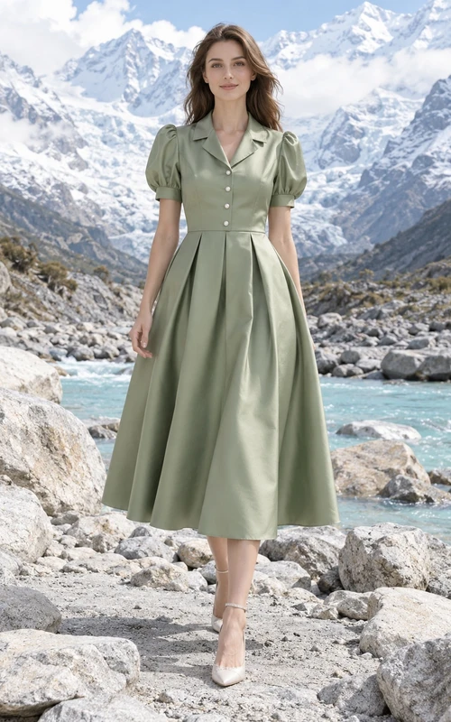 Schlichtes, dezentes, salbeigrünes Hemdblusenkleid aus Satin in Teelänge mit Puffärmeln