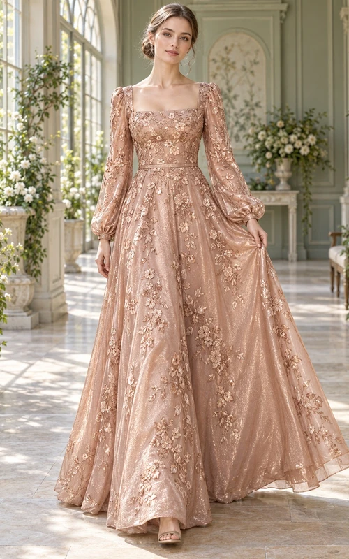 Vestido de noche formal largo hasta el suelo, corte A, con cuello cuadrado, mangas largas y apliques florales, color oro rosa