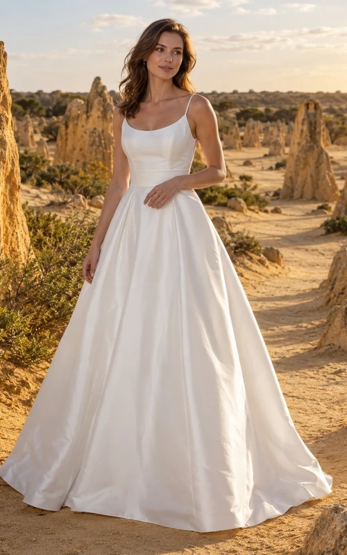 Schlichtes Brautkleid aus Satin mit quadratischem Ausschnitt, Trägern und A-Linien-Schnitt